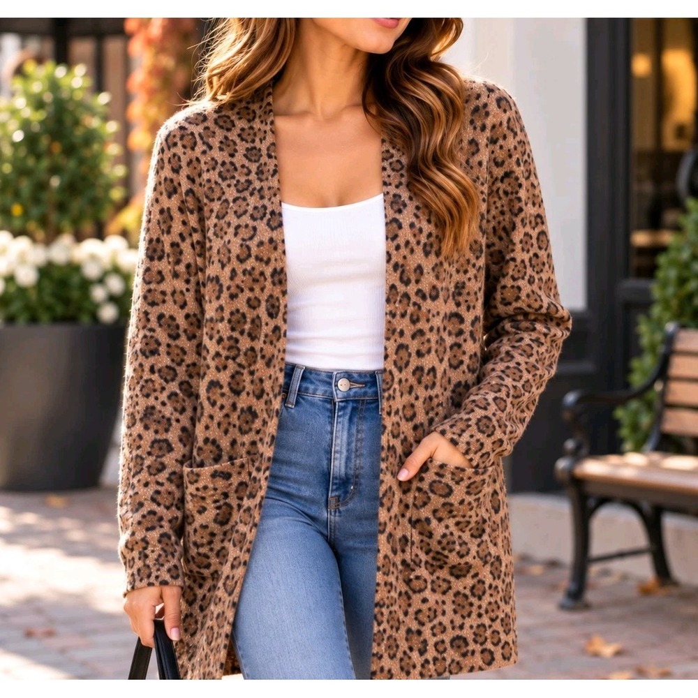 Magaschoni 100% Cashmere Leopard Print Long Cardigan Women's Small Animal Print